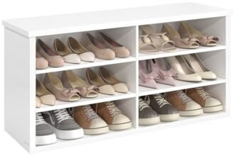 VASAGLE Panca Scarpiera, Scarpiera Ingresso, 6 Scomparti, Ripiani Regolabili, per Soggiorno Corridoio, 29,5 x 100 x 50 cm, Bianco Nuvola LSB036W01