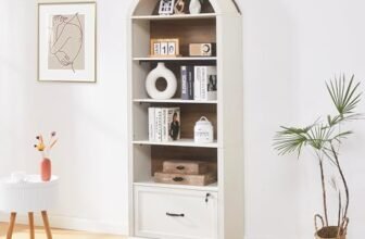 AeasyG Libreria a arco stile Farmhouse a 5 ripiani con cassetti serraturi, libreria alta 177,8 cm con mobile archivio regolabile, libreria a arco vintage per ufficio domestico