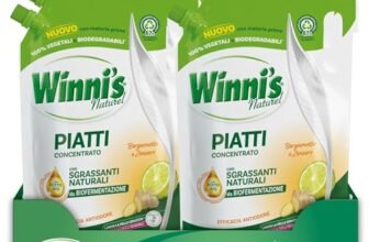 Winni’s – Detersivo Piatti e Stoviglie a Mano, Bergamotto e Zenzero, Concentrato, Ipoallergenico, con Sgrassanti Naturali da Biofermentazione, Materie Prime di Origine Vegetale, 900 ml x 8 Confezioni