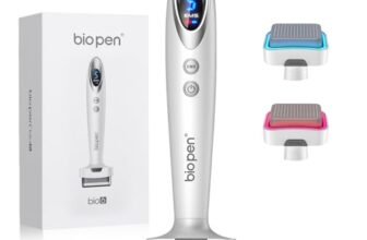 Bio 6 Dermastamp Elettrico Professional 0.5 mm Derma Stamp, 140 Aghi in Acciaio Inox di Alta Qualità, Vibrazione ad Alta Frequenza, Cura con Luce Rossa e Blu, per Capelli, Barba, Viso, Corpo