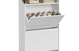 SONGMICS HOME Scarpiera con 2 Ante a Ribalta, Montaggio Rapido Senza Attrezzi Toolless, Mobile Porta Scarpe Stretto, Divisori Regolabili, Moderna, Bianco Neve LBC228WE01