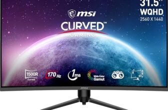MSI G32CQ5P Monitor Gaming curvo WQHD 31,5″ (80 cm) – Pannello VA 1500R (2560 x 1440), 170Hz / 1ms, Adaptive Sync, supporto regolabile a 3 vie – DP 1.2a, HDMI 2.0b CEC