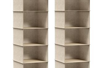 SONGMICS Set di 2 Portaoggetti da Appendere, Organizer Armadio da Appendere, Pieghevole e Salvaspazio, con Ganci in Metallo e Divisori Interni in Bambù, Stampa in Simil Lino, Beige Sabbia RCH005Y02