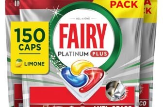 Fairy Platinum Plus Pastiglie Lavastoviglie, 150 Capsule, Limone, Detersivo Con Tecnologia Anti-Opaco, Contro Grasso e Incrostazioni Ostinate Anche nei Cicli Brevi