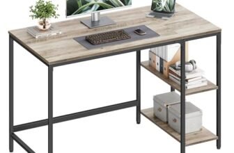 VASAGLE Scrivania per Computer, Scrittoio, 120 x 60 x 76 cm, Moderno, Tavolo da Lavoro, per Ufficio Camera da Letto Soggiorno, Greige Melange e Nero Inchiostro LWD47MB