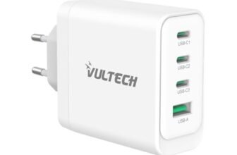 VulTech CC100-3C1A Caricatore Universale Notebook, iPhone,Samsung,Xiaomi,Oppo,Google Pixel,Realme Smartphone Tablet 100W GaN USB + 3x Type-C/USB-C PD3.0 QC3.0 PPS bianco – compatto