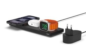 Belkin Caricabatteria wireless 3 in 1 con MagSafe, tappetino di ricarica rapida MFi, caricatore wireless per iPhone 16, 15, 14, 13, 12, Apple Watch 9, 8, 7, Ultra e precedenti, AirPods 2, Pro