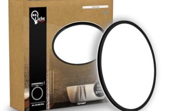 B.K.Licht – Pannello LED piatto con illuminazione indiretta, luce bianco neutro, protezione IP44, plafoniera bagno, plafoniera cucina, lampadario, lampada soffito, 29 x 3 cm, nero