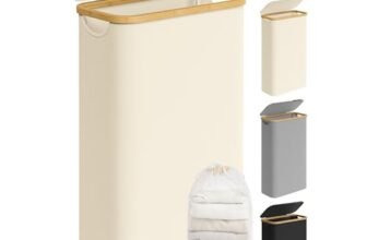 SONGMICS Cesto Portabiancheria con Coperchio, Cesta per Bucato, 65L, Salvaspazio, Sacco Rimovibile, Tessuto Oxford, Manici di Bambù, Pieghevole, 42 x 22,5 x 70,5 cm, Bianco Crema LCB506W01