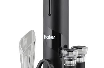 Haier HAWBKIT05 Set da Vino Elettrico a Batterie, Include Aeratore e Salvagocce a Tulipano, Apribottiglie, Tagliacapsule, 2 Tappi Sottovuoto, Base d’Appoggio per Conservazione, qualità Premium