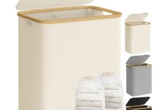 SONGMICS Cesto Portabiancheria con Coperchio a 2 Scomparti, Cesta per Bucato, 130L, Sacco Rimovibile, Tessuto Oxford, Manici di Bambù Pieghevole, 52 x 38,5 x 70,5 cm, Bianco Crema LCB513W01