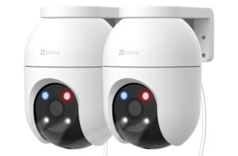 EZVIZ C8c 5MP 3K Kit da 2 Telecamere Wi-Fi Esterno, Telecamere Motorizzate 360°, Visione Notturna a Colori, Rilevamento AI Persone/Veicoli, Tracciamento Zoom Auto, Alexa/Google
