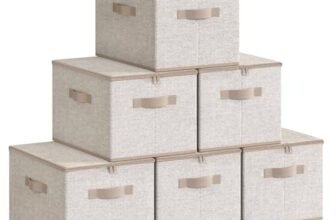 SONGMICS Scatole Portaoggetti con Coperchio, Contenitori Pieghevoli con Maniglie, Organizzatori per Vestiti, Set di 6, 40 x 30 x 25 cm, Tessuto non Tessuto, Beige Sabbia RZB003K02