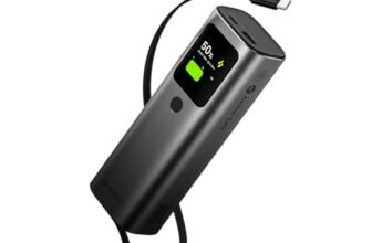 sharge Retractable 165 Power Bank, 165W di Potenza 20000mAh Caricatore Portatile con Cavo Retrattile Integrato, Display TFT Smart Interattivo con 3 Porte per iPhone 17/16/15/14, Galaxy, Macbook