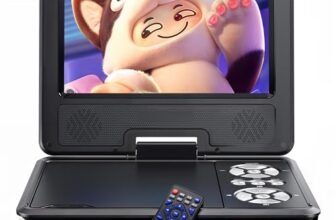 WOLFANG Lettore DVD portatile da 9,5″ per bambini in auto con schermo girevole HD da 7,5″, altoparlanti stereo, durata della batteria 6 ore, supporto per scheda Sync-TV/USB/SD [Nessun supporto