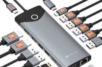 NOVOO Docking Station 15 in 1, Hub USB C – Pulsante On/Off Schermo Esterno, 2 HDMI 4K@60Hz, USB-C/A 10Gbps, VGA, Lettore SD/TF, Ethernet RJ45, PD 100W, Compatibile con MacBook, iPad, Lenovo, Dell