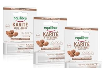 Equilibra Viso, Karitè Stick Labbra, Balsamo ad Azione Protettiva per Labbra Morbide e Setose, Burro di Karité Nutriente, Olio di Jojoba Emolliente, Vitamina E Antiossidante, 3 Pezzi da 5,5 ml