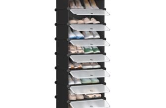 SONGMICS Scarpiera a 10 Scomparti, Scaffale Componibile in Plastica, Armadietto Portascarpe Fai da Te con Ante e Martelletto, Mobiletto Porta Scarpe, Nero LPC10HV1