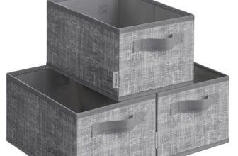 SONGMICS Scatole Portaoggetti Pieghevoli, Set di 3 Contenitori, 30 x 20 x 15 cm, Organizzatori per Armadio, 2 Maniglie, Portaetichette, per Camera da Letto Soggiorno, Grigio Giunco ROB415G01