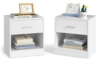 VASAGLE Comodini, Set di 2 Tavolini con Cassetto, Maniglia, Scomparto Aperto, per Camera da Letto, Soggiorno, Bianco Classico LET819T14