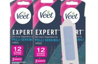 Veet Expert Strisce Depilatorie Viso, Ceretta per Pelli Sensibili con Olio di Mandorla, Dermatologicamente Testate, 36 Strisce (3×12 Strisce) + 6 Salviette Post-Epilazione con Olio D’Argan
