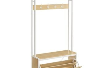 VASAGLE Appendiabiti con Scarpiera a Ribalta, Mobile da Ingresso, con Panca, 9 Ganci e Mensola Superiore, per Corridoio Camera da Letto, Stile Moderno, Rovere e Bianco HSR405W09