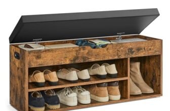 VASAGLE Scarpiera Panca Ingresso, Panca Contenitore con Cuscino Imbottito, 3 Scomparti, Ripiani, Soggiorno Corridoio Camera da Letto, Portata 136 kg, Marrone Vintage LHS130B01