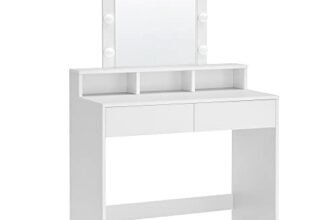 VASAGLE KAILYN Collezione – Toeletta, Luce LED Regolabile a 3 Colori, Tavolo da Trucco con Specchio, 2 Cassetti e 3 Scomparti, Postazione Trucco, Moderno, Bianco RDT114W01