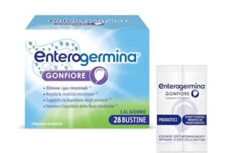 Enterogermina Gonfiore, Fermenti Lattici Probiotici, Prebiotici per Adulti – Integratori con Enzimi Digestivi ed Estratti Vegetali contro Pancia Gonfia e Gonfiore Addominale (28 Bustine Gusto Pesca)