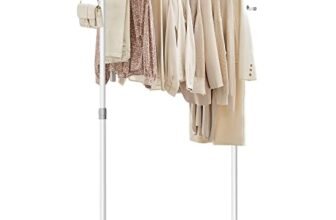SONGMICS Stand Appendiabiti con Ruote, Attaccapanni, Altezza Regolabile 97-165 cm, Barra Estensibile, Ganci Laterali per Accessori, Bianco LLR001W01