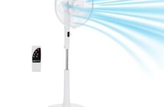 Amazon Basics Ventilatore a Piantana 40 cm, Motore DC, 12 Velocità con Telecomando, 3 Modalità di Brezza, Pale a Doppio Strato, Timer, Efficienza Energetica e Motore DC Silenzioso (28W), Bianco