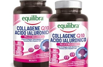 Equilibra Integratori Alimentari, Collagene Q10 Acido Ialuronico, Benessere e Bellezza della Pelle, con Collagene Idrolizzato, Acido Ialuronico, Coenzima Q10, Vitamine C ed E, 2 Pezzi da 90 Compresse