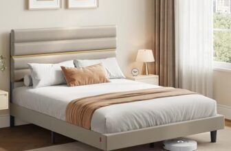 VASAGLE Struttura Letto Matrimoniale, Telaio Letto, per Materasso 160 x 200 cm, Testiera Imbottita Regolabile, Metallo e Legno, Moderno, Beige Cappuccino RMB505LH01