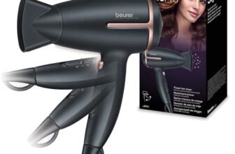 Beurer HC 25 Asciugacapelli da viaggio con funzione ionica, phon piccolo, impugnatura pieghevole e peso leggero, 1600 watt, commutazione di tensione da 110-120/220-240 V, 25,9 x 8 x 15,6 cm, nero