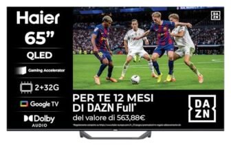 Haier QLED 4K UHD H65S80FUX 65” Smart TV, Google TV, Dolby Audio, HDR 10, Telecomando Smart, Google Assistant, Bluetooth 5.1, Gaming 120Hz, USB 2.0, DBX TV, HDMI 2.1 x 4 [2025]