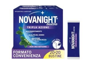 Novanight Tripla Azione Bustine, Magnesio, Melatonina per Dormire, Integratori per Dormire, Disturbi del Sonno – Senza Glutine, con Griffonia, Non Induce Dipendenza (40 Bst Gusto Camomilla e Agrumi)