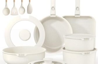 YASHE Set di pentole e padelle da 21 pezzi, set da cucina antiaderente con manici rimovibili e coperchi in vetro, compatibile con induzione, adatto per forno, impilabile, colore bianco