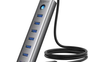 ORICO Hub USB 3.0, Hub USB 5Gbps in Alluminio 7 Porte, Cavo Lungo 100CM con Porta di Alimentazione 5V/3A Type-C, Adattatore USB 3.0 Multipla Compatibile con MacBook, PS4, Surface Pro, HP