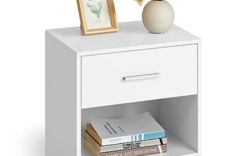 VASAGLE Comodino, Tavolino con Cassetto, Maniglia, Scomparto Aperto, per Camera da Letto, Soggiorno, Bianco Classico LET619T14