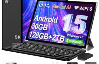 Tablet 10 Pollici Android 15 con Gemini AI, 30GB RAM 128GB ROM+2TB Esp., Octa-Core, WiFi 6 BT 5.0, Widevine L1, Batteria 8000mAh, Fotocamera 8/5 MP, Tastiera Mouse Custodia, Corpo in Metallo – Nero