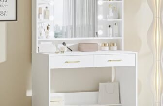 Hzuaneri 80cm Toeletta da Trucco, con specchio e luce LED, Moderno con Specchio, Postazione Make-up con Mensole Aperte e 2 Cassetti, per camera da letto, soggiorno, 40 x 80 x 149cm, Bianco DT08203X