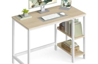 VASAGLE Scrivania per Computer, Scrittoio, 100 x 50 x 76 cm, Moderno, Tavolo da Lavoro, per Ufficio Camera da Letto Soggiorno, Beige Naturale e Bianco Perla LWD046L01