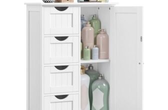 VASAGLE Mobile da Bagno, Armadietto Autoportante, Mobiletto in Legno con 4 Cassetti e Anta, Ripiano Regolabile, per Soggiorno, Cucina, Corridoio, Bianco LHC41W