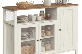 VASAGLE Credenza, Mobile da Cucina, Mobile Contenitore, con 3 Ante, per Soggiorno, Cucina, Sala da Pranzo, 33 x 110 x 75 cm, Stile Country, Marrone Miele e Bianco Vintage LSC096WJ02