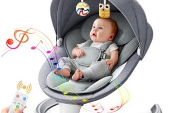 Kotsy sdraietta neonati trollo programma APP,con telecomando e controllo,altalena neonato con 5 ampiezze altalene timer a 3 stadi,2 giocattoli,agnello grigio imbottito morbido