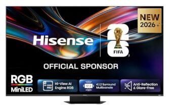 Hisense Smart TV RGB MiniLED 180Hz 85″ 4K 85UR9S, Schermo Anti-Riflesso, 100% BT2020, Dolby Atmos 4.1.2 By Devialet, Dolby Vision IQ, VIDAA OS, USB-C, Native 180Hz Game Mode, Wifi 6E, BT, lativù 4K