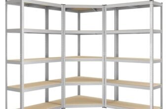 SONGMICS Set di Scaffale Angolare a 5 Ripiani, Scaffalatura ad Angolo in Acciaio per Carichi Pesanti, per Garage, Ripostiglio, Magazzino, Portante 2625 kg, Argento Pallido e Beige Naturale GLR070E03