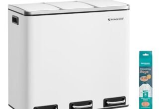 SONGMICS Cestino da Cucina, Pattumiera per Raccolta Differenziata 3 x 18L, 3 Scomparti per Riciclaggio, Coperchi a Chiusura Morbida, Pedali, Acciaio, Bianco Nuvola LTB54WT