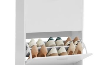 CASABEL Scarpiera Salvaspazio 2 Ante a Ribalta – Mobile Ingresso Bianco, Capacità 12 Paia, Legno Ingegnerizzato, Dimensioni L60×P24×H80 cm, Ideale per Corridoi e Spazi Stretti