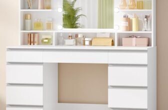 Hzuaneri 108cm Toeletta da Trucco con 10 Luce LED, 3 Colori, Luminosità Regolabile, Grande Specchio HD, 1 Cassetto Grande e 8 Cassettiere Piccole, 9 Vani Portaoggetti Aperti, Bianco-Argento DT35703WV1